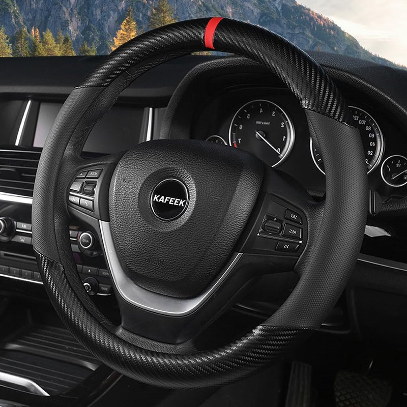 KAFEEK Car Steering Wheel Cover Men, Universal 15 inch, Microfiber Leather Carbon Fiber Black Steering Wheel Accessories, Anti-Slip, Odorless, Breathable, Black - Image 3